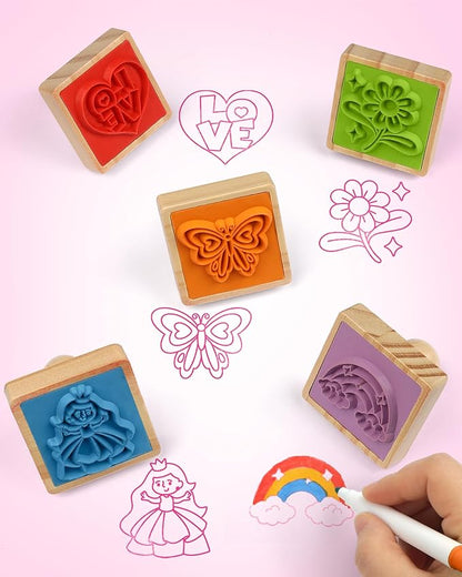 Coogam Wooden Stamp for Girls Friendship, 20pcs Color Shape Unicorn Butterfly Mermaid Stamp Set with Markers, DIY Arts Crafts Printing Stamping Party Favor Toy Gift for 3 4 5 Year Old Kids