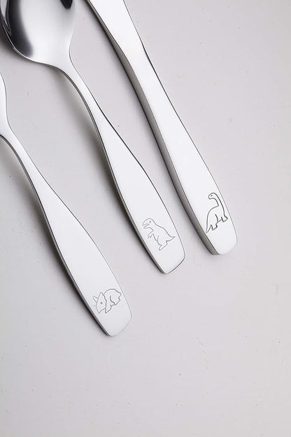 Exzact Kids Flatware 6 Pieces Stainless Steel Children Silverware 2 x Forks, 2 x Knives, 2 x Spoons,Toddler Utensils, Dishwasher Safe, 24 Months+ (Dinosaurs Engraved)