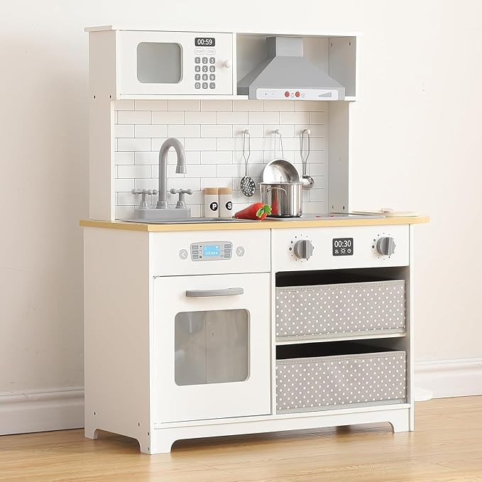 Modern Play Kitchen for Kids,33.4''Toddler Play Kitchen with Toy Storage System,Wooden Kids Play Kitchen Set with Play Features,Kids Pretend Play Kitchen with Cookware Accessories for Ages 3+(White)