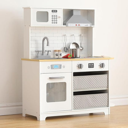 Modern Play Kitchen for Kids,33.4''Toddler Play Kitchen with Toy Storage System,Wooden Kids Play Kitchen Set with Play Features,Kids Pretend Play Kitchen with Cookware Accessories for Ages 3+(White)