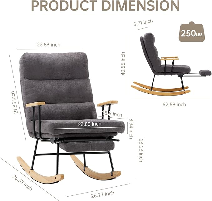 Rocking Chair with Footrest-Glider Rocker Chair with Retractable Footrest and Adjustable Backrest, Teddy Upholstered Rocking Chair Set of 2, Accent Chair for Living Room/Nursery/Bedroom/Outdoor-Grey