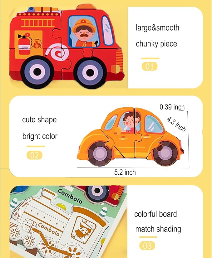 Wooden Puzzles for Toddlers 1-3, Jumbo Base Vehicle Puzzles 2-4,Toddler Boys Toys Birthday Gifts