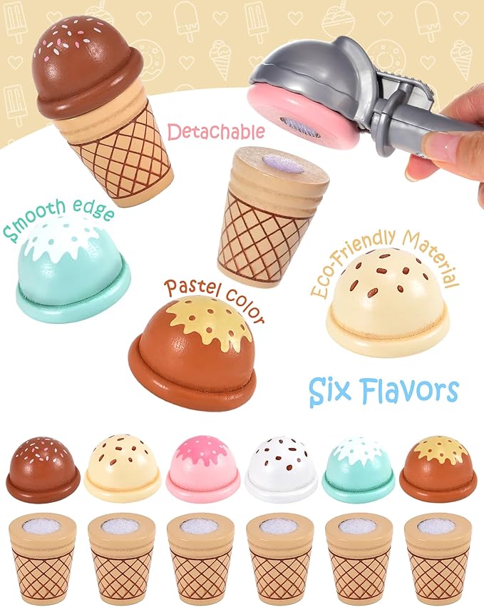 Toyssa Wooden Ice Cream Toys Kids Pretend Play Store Toys for Toddlers Girls 3 4 5 6, Wooden Food Christmas Birthday Gifts Play Kitchen Accessories for 2 3 4 5 Year Old Girls Boys