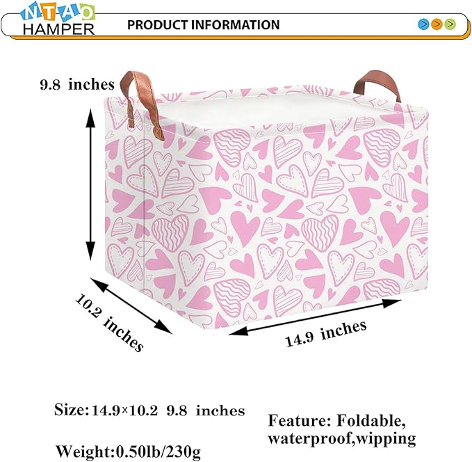 NTAOHAMPER Rectangular Pink Basket Empty, Fabric Storage Basket with Handles, Books Box,Lovely Storage Bin,Room Decor,Gift Basket for Girls(Pink Heart)
