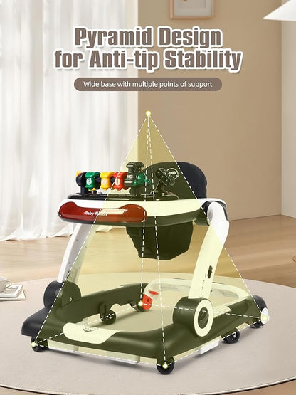 Music and Lights Baby Walker with Wheels, 6 in 1 Baby Activity Center w/Ergonomic backrest Design, Baby Walkers for Boys w/Foot Pads, Music Bouncer Walkers for Boys Girls Babies 6-18 Months, Black