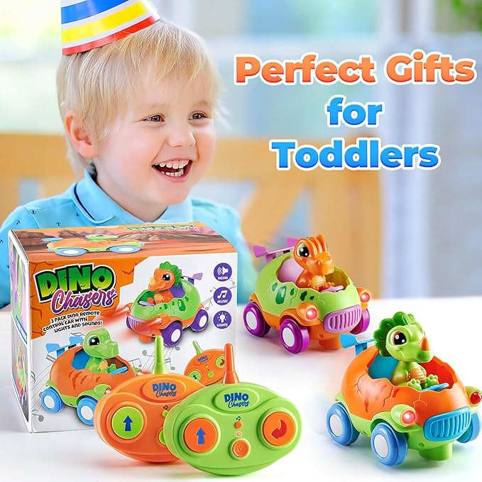 Remote Control Car for Toddlers 1-3: Dinosaur RC Cars Toys for Kids 2-4 with Led Lights Music, Christmas Birthday Gifts for 3-5 Year Old Boys, 2 Packs for Racing