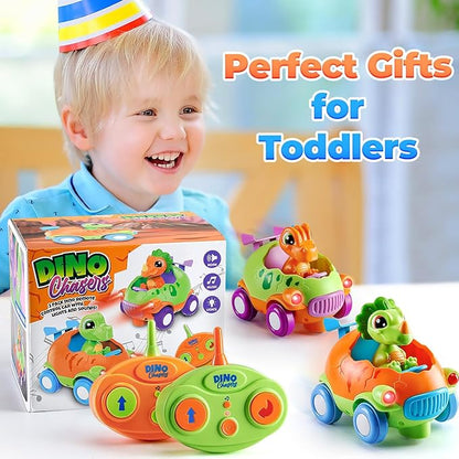 Remote Control Car for Toddlers 1-3: Dinosaur RC Cars Toys for Kids 2-4 with Led Lights Music, Christmas Birthday Gifts for 3-5 Year Old Boys, 2 Packs for Racing