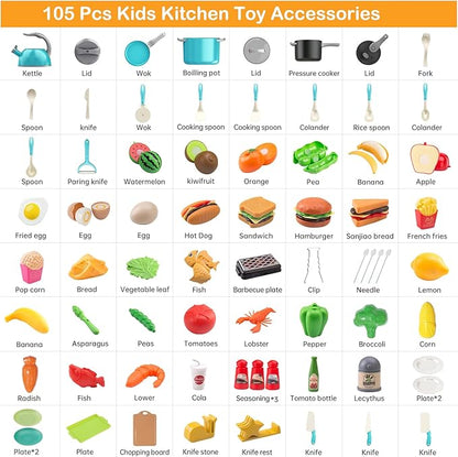 105Pcs Kids Kitchen Toy Accessories, Toddler Pretend BBQ Camping Cooking Playset, Play Pots, Pans, Utensils Cookware Toys, Play Food Set, Vegetables, Learning Gift for Girls Boys (Turquoise)