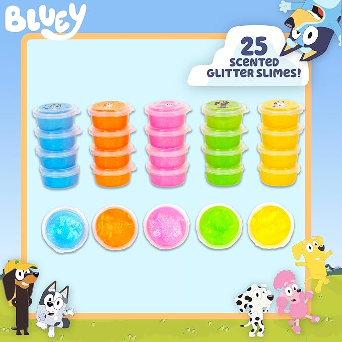 Bluey Ultimate Compounds Set, 25 Pack of Scented Glitter Slime, Resealable Containers with Stickers, Birthday Bulk Slime Party Favors, Sensory Toys, Goodie Bags Stuffers for Kids