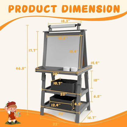 Elevon Art Easel for Kids, Wooden Kids Easel 3 in 1 Adjustable Double Sided, Whiteboard, Chalkboard & Paper Roll, 2-Tier Rack w/ 2 Storage Boxes, Standing Easel for for Painting & Drawing