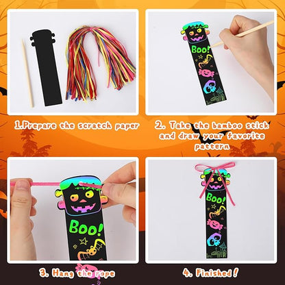 JUNEBRUSHS 30Pcs Halloween Scratch Bookmarks, Rainbow Magic Scratch Paper Art Pumpkin Bat Spider DIY Crafts Kit for School Classroom Activity Halloween Gifts