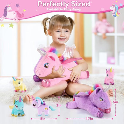 5 Pieces Unicorn Stuffed Animals - 1 Mommy Stuffed Unicorn with 4 Babies - Unicorns Gifts for Girls Ages 3-8, Unicorns Plush Toys for Christmas, Valentine's, Birthday Gifts (Pink & Purple)