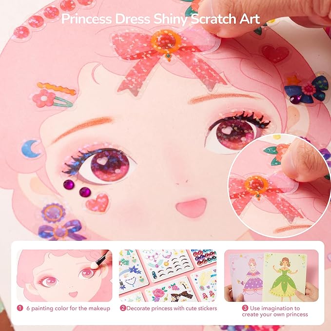 Mideer 4 in 1 Art Craft Kits for Kids, Princess Dress Up Game Set with Diamond Painting & Scratch Paper Art, Paper Fantasy Makeup Activity Art Craft Kits for Girls Age 3 4 5 6 7 8