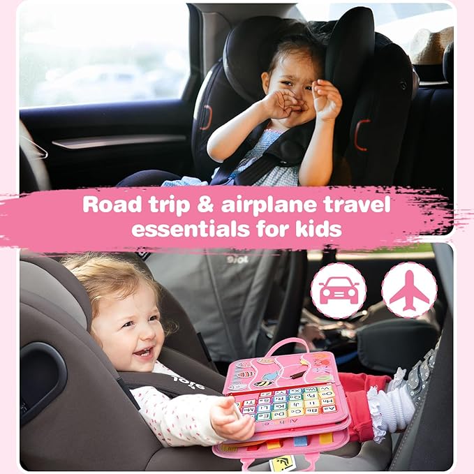 JHkim Busy Board for Toddlers, Sensory Board Travel Toys Gifts for 1 2 3 4 Year Old Girls Boys, Montessori Toys to Learn Fine Motor Skills, Educational Activities Busy Book for Airplane Car (Pink)