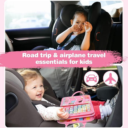 JHkim Busy Board for Toddlers, Sensory Board Travel Toys Gifts for 1 2 3 4 Year Old Girls Boys, Montessori Toys to Learn Fine Motor Skills, Educational Activities Busy Book for Airplane Car (Pink)