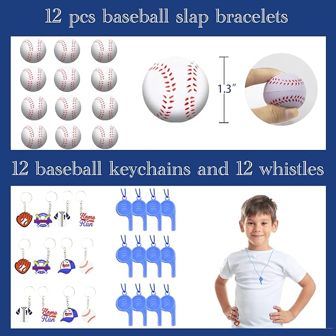 122 PCS Baseball Party Favors, Baseball Party Gifts with Mini Baseballs, Baseball Slap Bracelets, Key Chains, Whistles, Tattoos and Stickers, Baseball Birthday Decorations