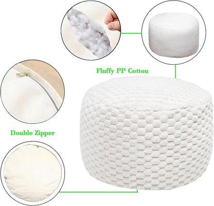 Round Stuffed Pouf Ottoman 20x20x12 Inches Faux Fur Ottoman Foot Rest Under Desk Foot Stool Great for Living Room, Bedroom Small Furniture (Ivory Pouf with Filler)