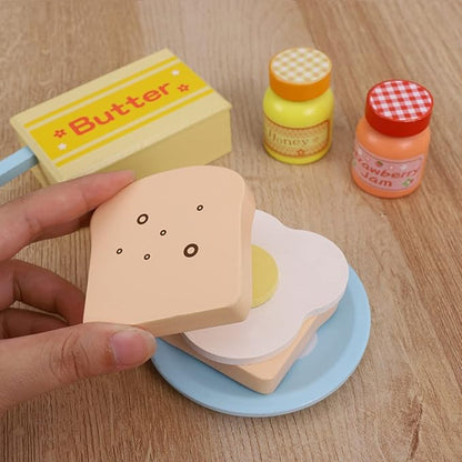 Wooden Kitchen Toy, Pop-Up Bread and Butter Toaster Set, Play Bread Maker Kitchen Accessories Birthday Gift for Ages 3 4 5 6 7 Boys Girls, Early Education Kitchen Pretend Games for Kids, 14 Pieces