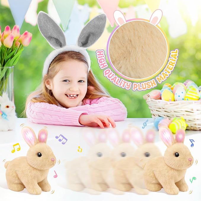 Realistic Bunny for Kids - Interactive Hopping Bunny Toy Set with Headband, Electric Lifelike Robot Rabbit that Move, Walking Barking and Wagging Tail Bunby Stuffed Animal with Sounds,Brown