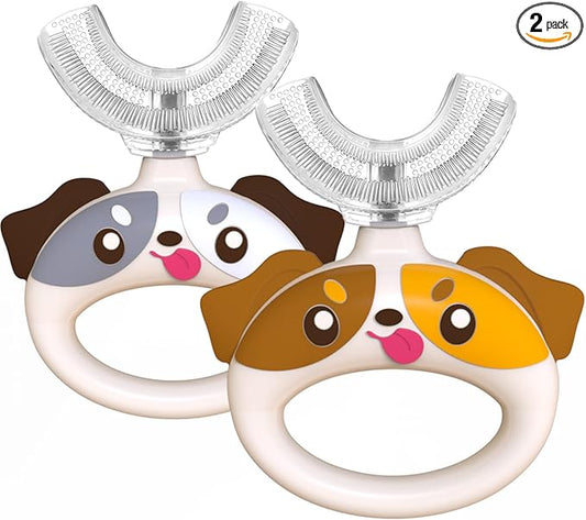 Toddler Toothbrush - U Shaped Cute Dog Toothbrush Kids with Food Grade Soft Silicone Brush, 360° Manual Oral Teeth Cleaning Design for Infant & Age 1 2 3 4, 2 PCS