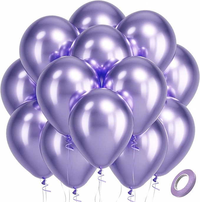 Bezente Metallic Purple Latex Party Balloons - 100 Pack 12 inch Round Helium Chrome Light Purple Lavender Lilac Balloons for Wedding Bachelorette Engagement Girl Butterfly Birthday Party Decorations
