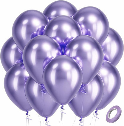 Bezente Metallic Purple Latex Party Balloons - 100 Pack 12 inch Round Helium Chrome Light Purple Lavender Lilac Balloons for Wedding Bachelorette Engagement Girl Butterfly Birthday Party Decorations