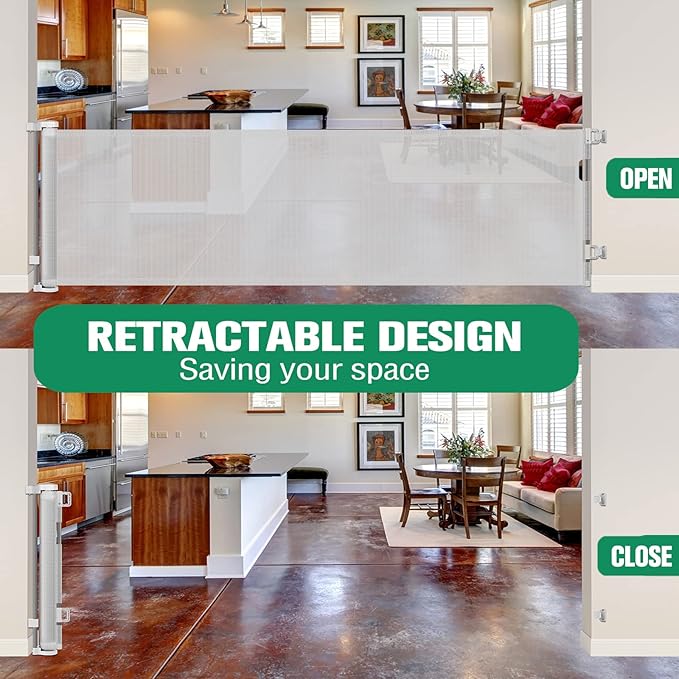 110 Inch Retractable Baby Gates for Large Openings Retractable Dog Gate Outdoor Retractable Gate Mesh Baby Gate Retractable Gates for Dogs Indoor Extra Long Baby Gate for Stairs, Doorways, Light Gray