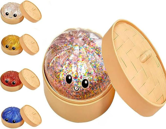 Glitter Dumpling Squishy, 2026 New Bun Squeeze Stress Relief Ball with Steamer Box for Stress Relief, More Surprises (Rainbow)