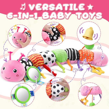 AWOTOY Baby Toys 0-6-12 Months,Musical Caterpillar Stuffed Animals Activity Infant Toys with Crinkle,Rattles,Mirror&Pull String,Muti-Sensory Toys Gifts for Newborn Tummy Time,Pink,Knot prolegs