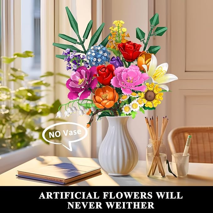 Flower Bouquet Building Set - 1000 PCS Bouquet Botanicals Collection Gift for Valentine's Day for Her and Him, 15 Artificial Flowers Building Blocks Home Plant Decor for Adults Women Birthday
