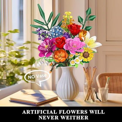 Flower Bouquet Building Set - 1000 PCS Bouquet Botanicals Collection Gift for Valentine's Day for Her and Him, 15 Artificial Flowers Building Blocks Home Plant Decor for Adults Women Birthday