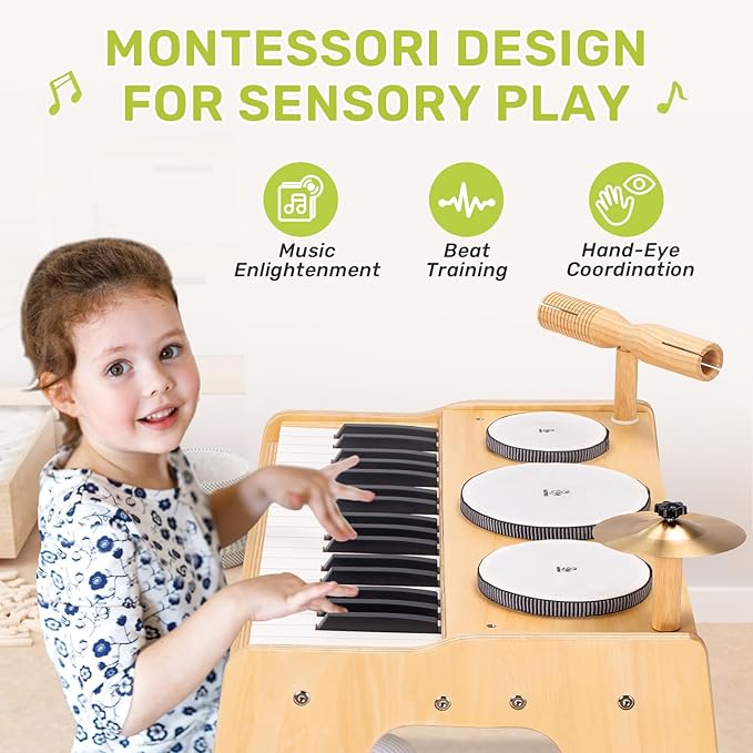 OATHX Kids Piano Keyboard, 37 Keys Digital Piano Toys with Drum Set and Stool, Volume Adjustable, 9 in 1 Musical Instruments for Kids Toddlers Baby Children, Wooden Mini Piano Gifts for Girls Boys 3+