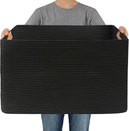 JMvicyroam Woven Blanket Basket,96L Large Storage Bin for Blankets Toys Clothes,Decorative Rope Basket for Living Room Bedroom with Handles, Black
