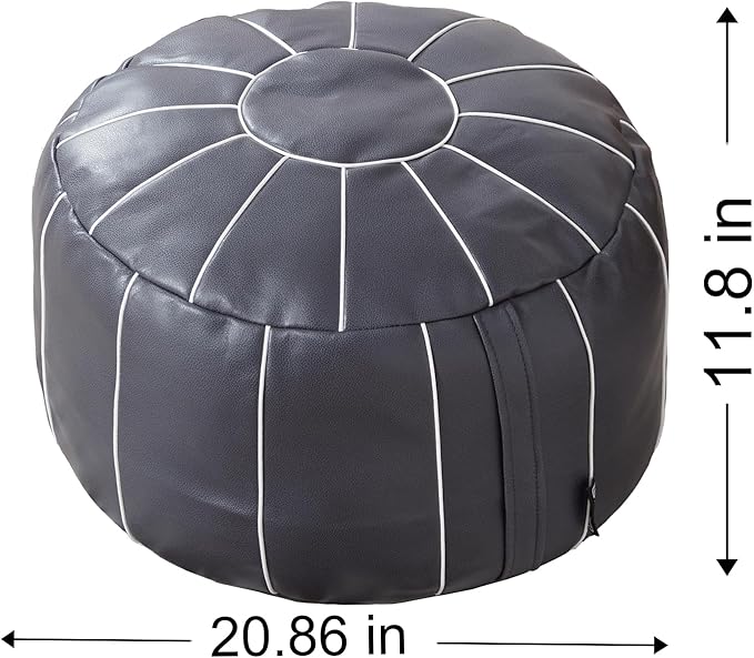 Louis Donné 21 Inch Unstuffed Moroccan Pouf Ottoman Cover, Handmade Faux Leather Foot Stool, Round Storage Poof Cover, Exotic Décor for Living Room Bedroom or Wedding Gifts (Light Gray)