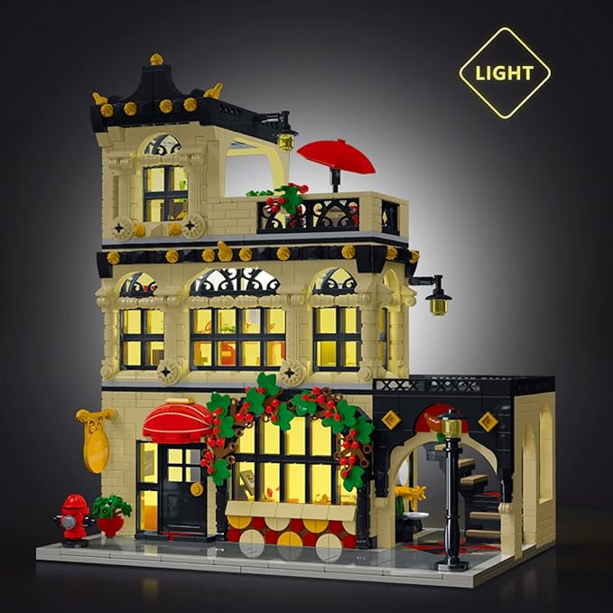City Restaurant Architecture Building Kit with LED Lights,3 Levels City Restaurant Model Building Blocks Toy,for 12+Age Teen,Adult（1489 Pieces）