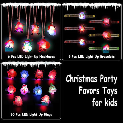 KIMOBER 42PCS Christmas Party Favors for Kids,Glow Rings Necklaces Bracelets,Light Up Xmas Toys Glow in the Dark Party Supplies for Christmas Candy Bag Fillers Party Decorations