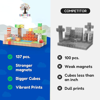 137PCS Magnetic Building Blocks Construction - STEM Magnetic Toys Sensory Set with Animal Figurines & Booklet - 1" Magnet Cube for Boys Girls, Game Based Magnetic Blocks for Kids 3-9
