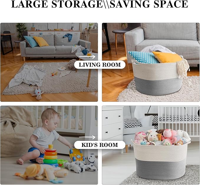 Maliton XXXLarge Blanket Basket Living Room - 22" x 22" x 14" Cotton Rope Baskets for Storage - Large Woven Basket for Toys, Towels, Pillows, Clothes- Rope Laundry Hamper with Handles - Nursery Bin