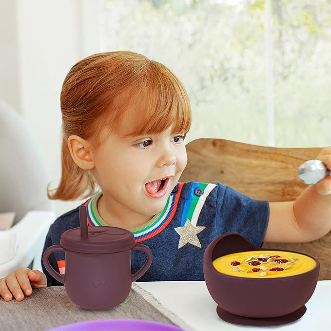 100% Silicone Baby Feeding Set,BPA Free Baby Dishes Set with Suction Bowl Divided Plate,Toddler Self Feeding Dish Set with Spoons Forks Sippy Cup and Bib, Baby Eating Utensils(Dark Red)