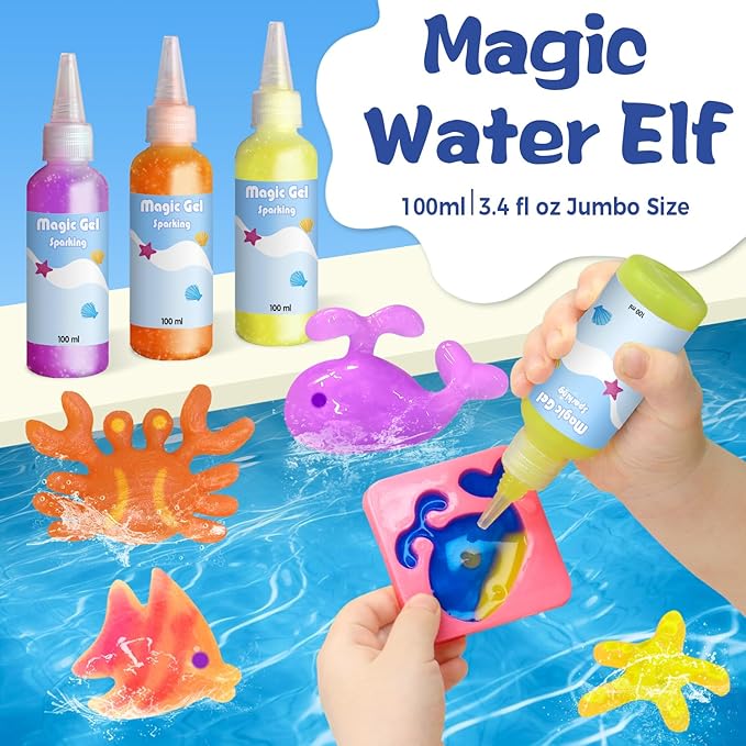 Hrsqu Magic Water Elf Toy Kit - Aqua Elf Water Gel Kit - 100ml Large Capacity Water Fairy Kits with 8 Marine Animals Molds, Christmas Gifts for Kids Birthday Gifts Party Favors (6 Colors)