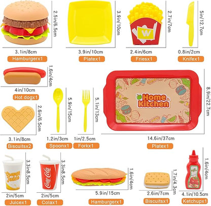 Pretend Play Food Set for Children,Removable Fast Food Playset with Tray Hamburger Hotdog Fries Combo,Play Kitchen Accessories Role Play Toys,Christmas Birthday Gift for Kids Boys Girls(15PCS)