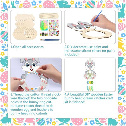 Fennoral 5 Pack Bunny Dream Catcher Craft Kit for Kids Paint You Own Easter Rabbit Dream Catcher Ornament DIY Coloring Wooden Easter Art and Craft for Art Activity Project Easter Decoration