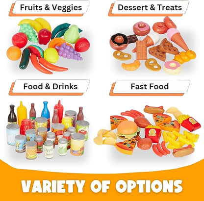 120 PCS Pretend Play Food Toys for Kids Play Kitchen - BPA-Free Mini Kitchen Accessories and Plastic Fake Food Toys with Veggies, Fruits, Pizza - Imaginative Play Set for Toddlers, Boys, Girls