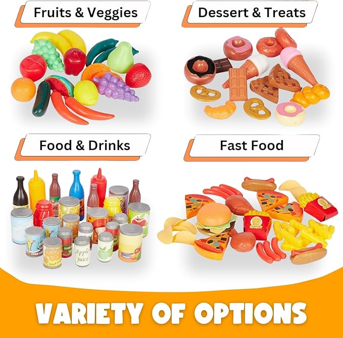 120 PCS Pretend Play Food Toys for Kids Play Kitchen - BPA-Free Mini Kitchen Accessories and Plastic Fake Food Toys with Veggies, Fruits, Pizza - Imaginative Play Set for Toddlers, Boys, Girls