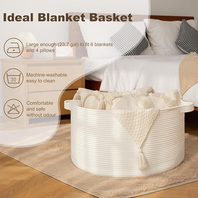 OIAHOMY 90L Blanket Basket for Living Room, Large Basket 23" x 23" x 13" with Handle, Laundry Hamper for Blankets, Pillows, Toy Storage for Kids, Dogs - White