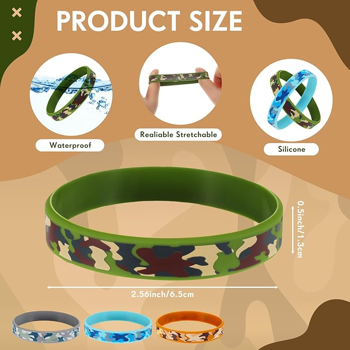 Inbagi 100 Pcs Camouflage Army Rubber Bracelets Camouflage 4 Styles Assorted Wristbands Camo Military Stretch Rubber Bracelets for Men Kids Women Army Party Gifts Birthday Party Decorations Supplies