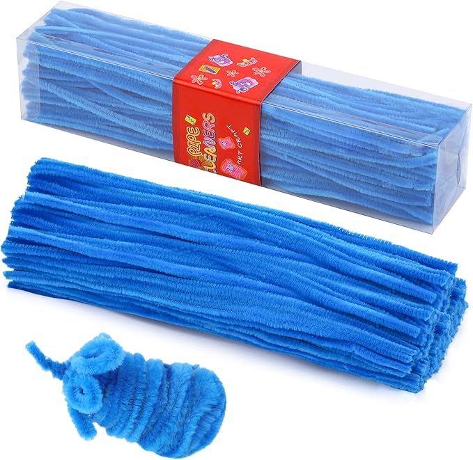 LOKUNN Pipe Cleaners, 200 Pcs Lake Blue Pipe Cleaners Craft Set, Solid Color Chenille Stems, DIY Arts and Crafts with Adhesive Eyes and Storage Box, Christmas Mother's Day Decoration Art Supplies