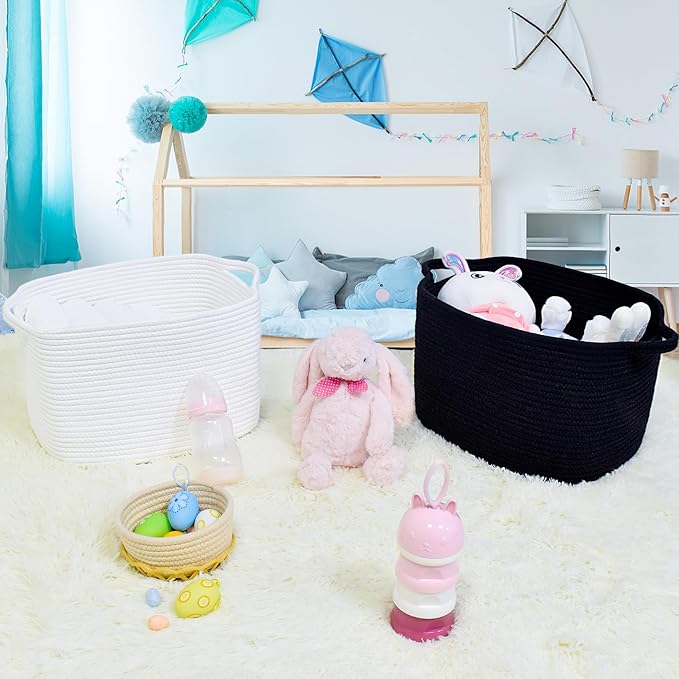 ABenkle Cotton Rope Storage Basket, Decorative Organizer with Handles, Rectangle Baby Nursery Baskets for Shelves Closet, 13.5x11x9.5-Inches, White