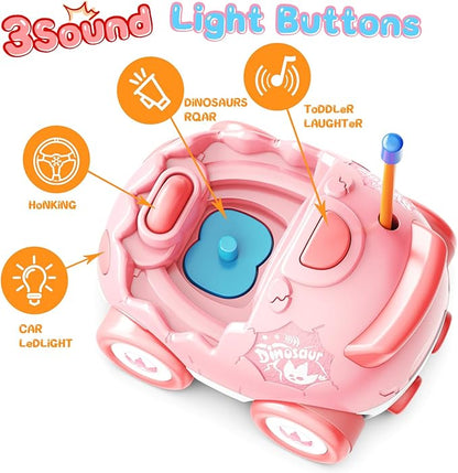 2 Pack Pink Dinosaur Remote Control Car Toys, Easter Present Birthday Gifts for Boys Girls 2 3 4 Years Old, Dino RC Car with Music and Light, Toddlers Toys for Kids 2-4 Year Old,(Pink Blue)