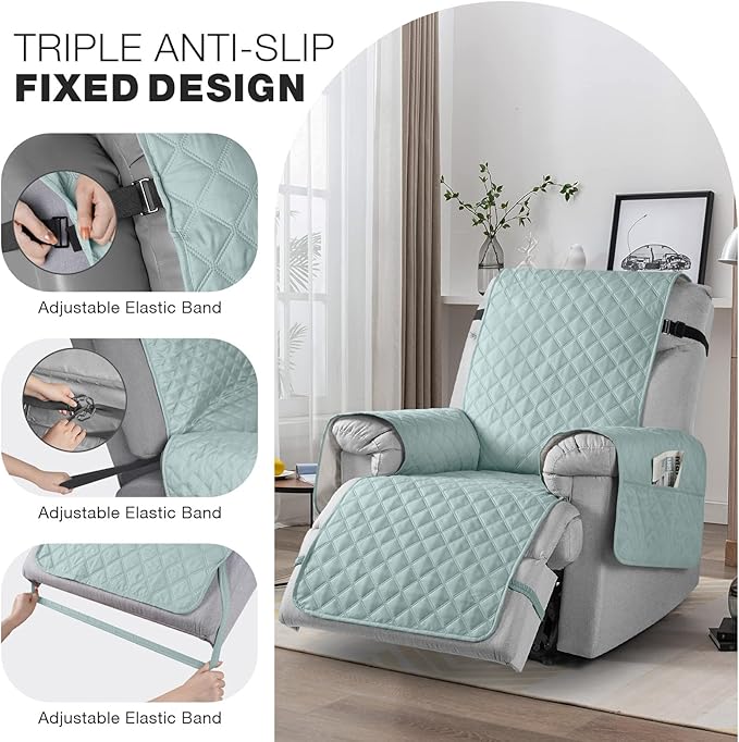 TAOCOCO Non-Slip Recliner Chair Cover Sofa Slipcover, Pet Cover for Large Recliner with Elastic Straps, Washable Chair Seat Cover Recliner Chair Furniture Protector (28'' Oversized, Mint)
